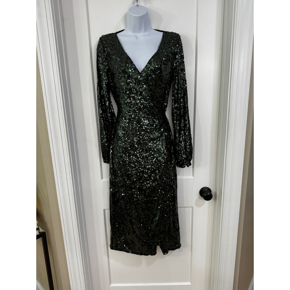 Superdry Forest Green Sequin Wrap Maxi Dress Long Sleeve V-Neck NWT Size 8